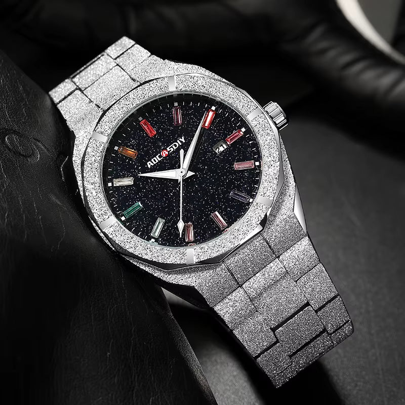 Matte Star Dust Dial Full Silver Stainless Steel Strap High Quality Date Clock Frosted Diamond Quartz Watch for Men 2024