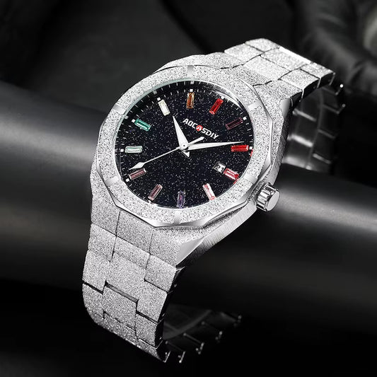 Matte Star Dust Dial Full Silver Stainless Steel Strap High Quality Date Clock Frosted Diamond Quartz Watch for Men 2024