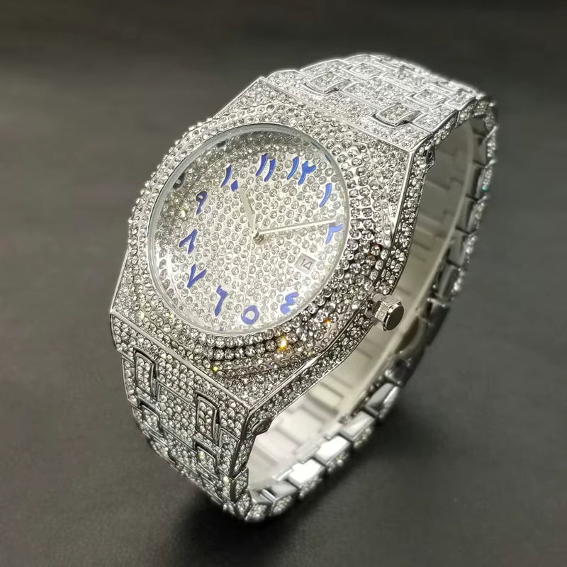 2023 New Arab Number Watch for Men Luxury Fully Diamond Bling Mens Quartz Watches Fashion Iced Out Silver Waterproof Male Clock