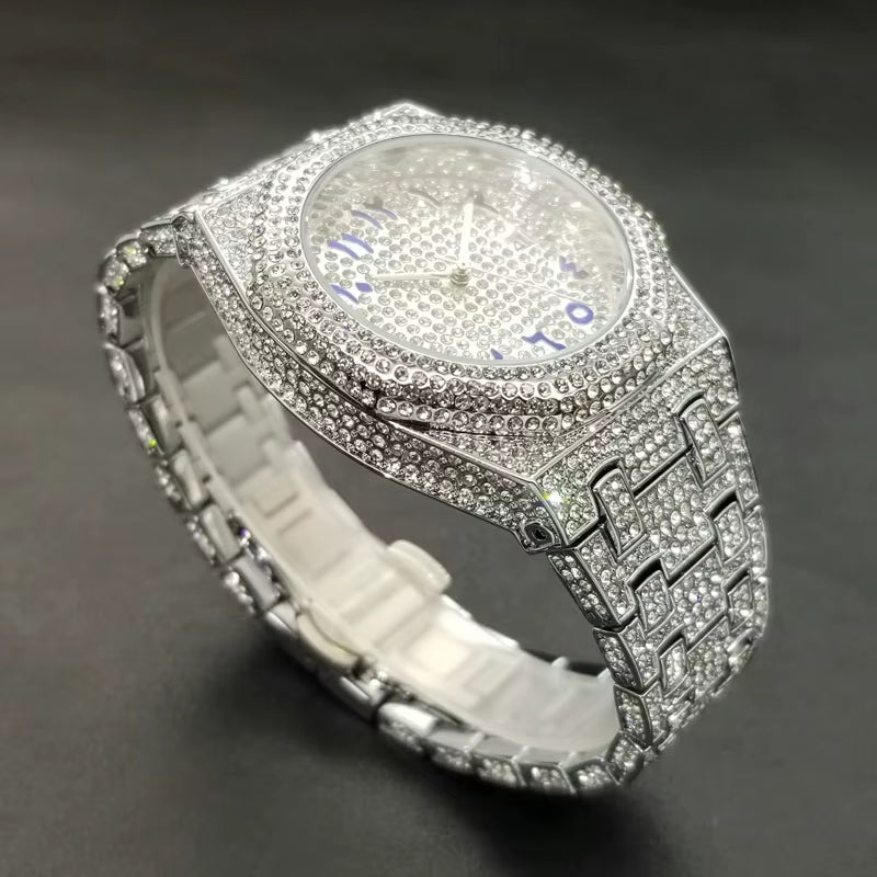 2023 New Arab Number Watch for Men Luxury Fully Diamond Bling Mens Quartz Watches Fashion Iced Out Silver Waterproof Male Clock