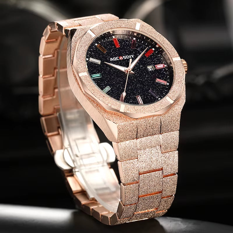 Matte Star Dust Dial Full Silver Stainless Steel Strap High Quality Date Clock Frosted Diamond Quartz Watch for Men 2024